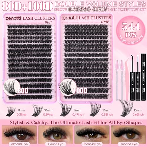 Lash Clusters Kit 544PCS Fluffy 80D 100D Eyelashes 8-16mm D-Curl