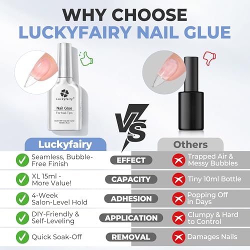 Luckyfairy Gel Nail Glue 15ml - Bubble-Free, Long-Lasting Nail Tip Adhesive for Manicure