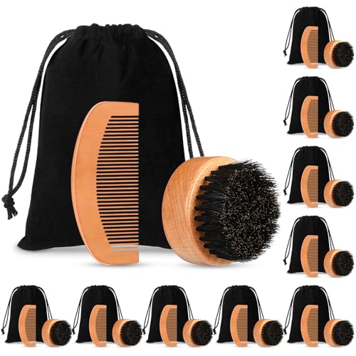 10 Sets Men's Beard Grooming Kit: Natural Boar Bristle Brush, Pear Wood Dual-Sided Wide Tooth Comb, Travel Pouch - Perfect Valentine Gift (Circle)
