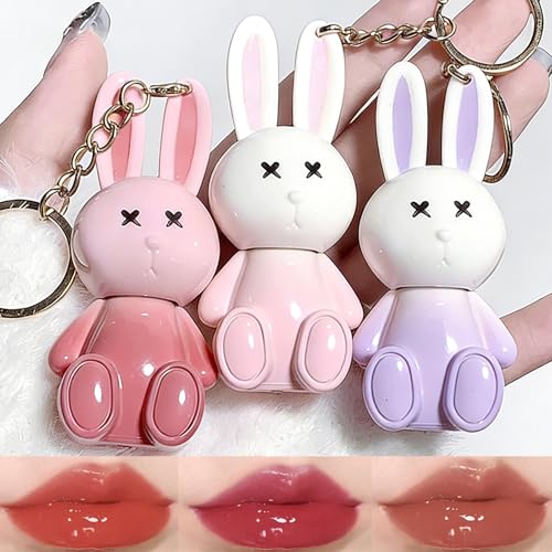 Cute Bunny Lip Gloss Keychain Set - 3 Colors High-Shine Jelly