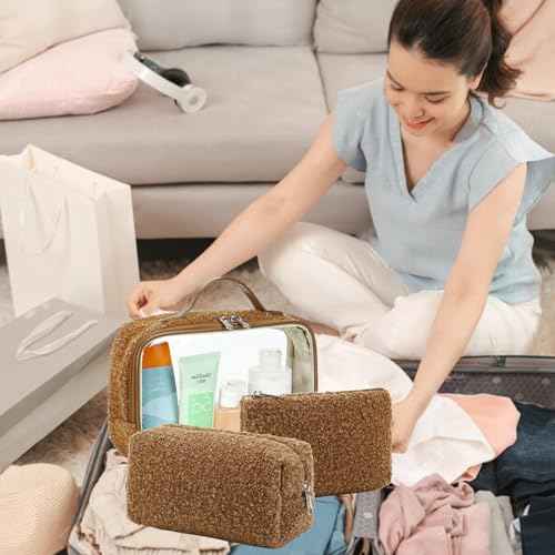 Bluboon 3Pcs Makeup Toiletry Bag for Women, Clear Packing Cubes Cosmetic Bag for Travel Women With Zipper Travel Essentials (Coffee Lamb Wool)