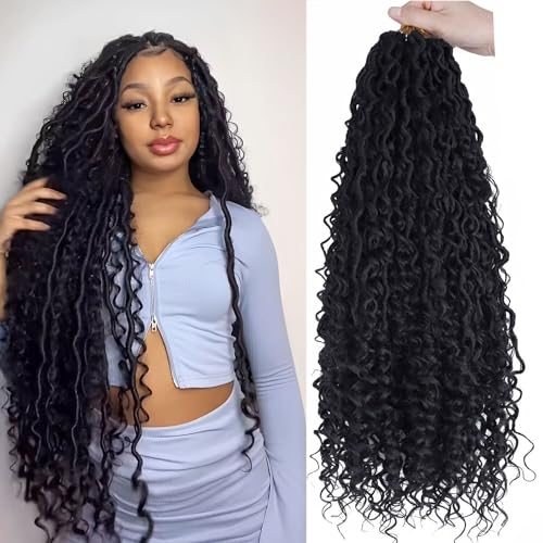 LMZIM 24 inch Boho Locs Crochet Hair 8 Packs Goddess Faux Locs Crochet Hair for Black Women Hippie Locs Crochet Hair Pre Looped River Locs Crochet Hair with Curly Ends 1B