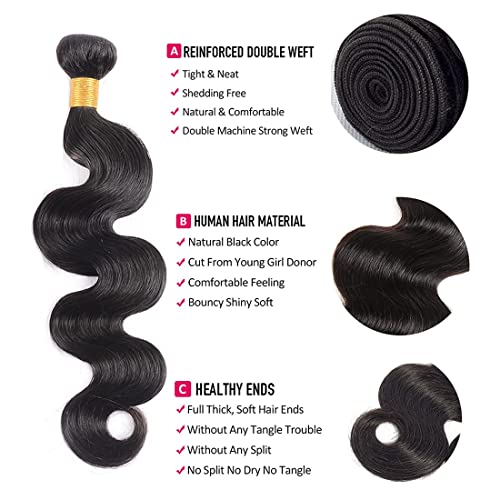 Brazilian Body Wave Hair Bundles 3 Pack - Natural Black Human Hair Extensions