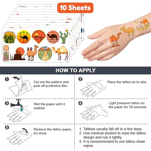 Desert Temporary Tattoos Camel Party Decorations Favors Supplies Summer Themed Cute Stickers 10 Sheets 100 PCS Gifts for Baby Girls Boys Class School Carnival