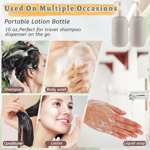 6 Pcs 10 oz Soft Plastic Bottles with Press Pump,Empty Refillable Travel Shampoo Dispenser Container for Hand Soap,Shampoo,Lotion,Body Wash,Conditioner,Silicone Funnel Included (Grey)
