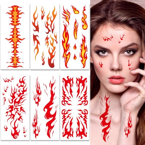 6 Sheets Temporary Tattoos Stickers Realistic Waterproof Women Man Body Face Arm Collarbone Leg Body DIY Art Decoration (Flame)