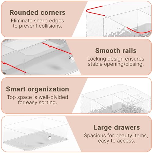 Makeup Organizer with Brush Holder Plastic Makeup Drawers For Vanity Clear Stackable Storage Case Makeup Organizer For Skincare, Brushes, Lipstick, Nail Polishes, Perfumes, Eyeshadow Palettes