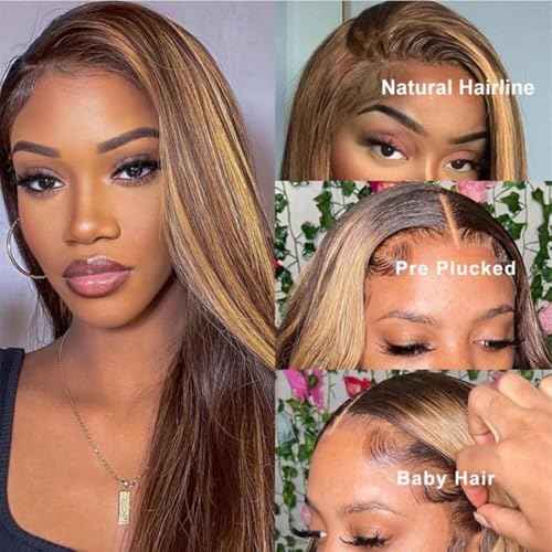 13X6 Highlight Lace Front Wig Human Hair Pre Plucked Ombre 4/27 Lace Front Wig Human Hair 180 Density Highlight Human Hair 26 Inch