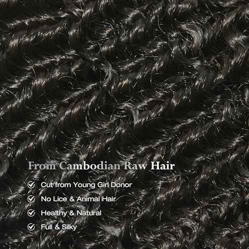 ASHINE Human Hair Bundles Deep Curly Water Wave, Unprocessed Cambodian Raw Hair 14 16 18 Inch, Flip Over Quick Weave Wet and Wave Bundles for Women Natural Black