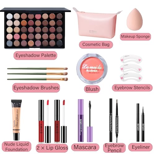 40 Earth Colors Eyeshadow & Lip Gloss Makeup Set with Cosmetic Bag for Women & Teens - Full Face Kit