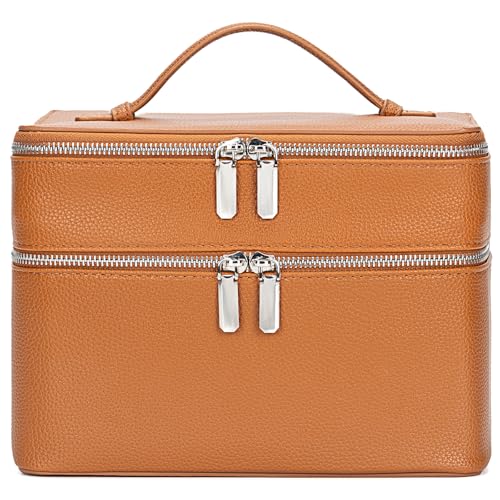Double Layer Makeup Vanity Case, Large Capacity Cosmetic Bag with Removable Divider & Brush Organizer, Travel Toiletry Bag for Women, Portable PU Leather Organizer with Handle