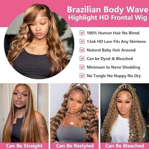 Ombre Highlight 13x6 HD Lace Front Wigs Human Hair with Baby Hair 200 Density 4/27 Honey Blonde Body Wave Frontal Wigs Human Hair 34 Inch