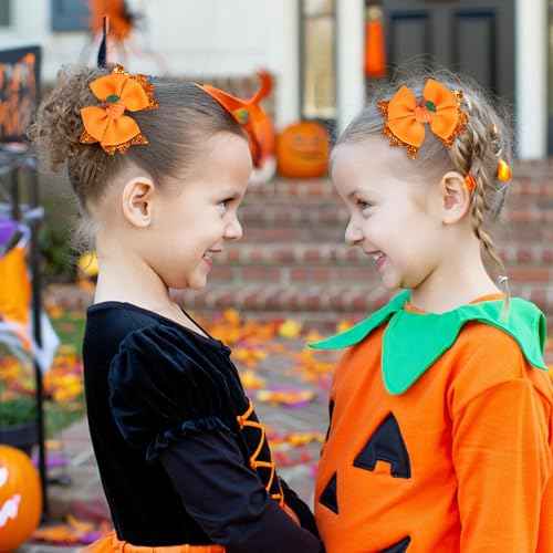 Thanksgiving Pumpkin Hair Bows for Girls, Orange Fall Hair Clips Handmade Grosgrain Hair Bow Metal Alligator Clips Hair Accessory for Thanksgiving Fall Holiday Halloween Festive