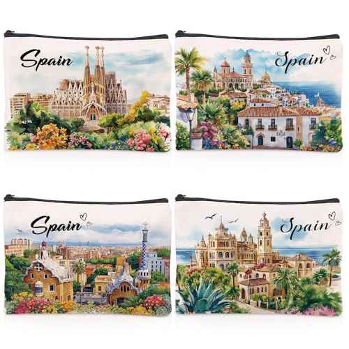 Spain Souvenirs Travel Essential Gifts - 4 Pcs Bulk European Trip Gifts from Spain, Scenic Spots Essentials Must Have Spanish Cosmetic Makeup Bags Purse for Women