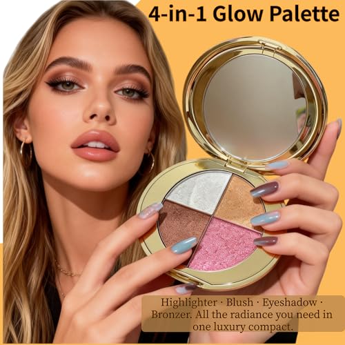 Viviyoo 4-Color Highlighter & Blush Palette with Mirror - Long-Lasting Shimmer Eyeshadow Makeup Kit, Travel Size Gold