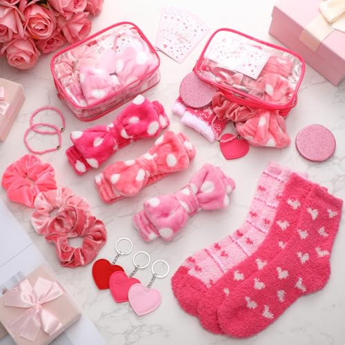 48 Pcs Galentine's Day Gifts Valentine's Pink Gift for Women Include Fluffy Socks Compact Mirrors Makeup Bags Headbands Scrunchies Greeting Cards Heart Keychains Bracelet for Party Supply