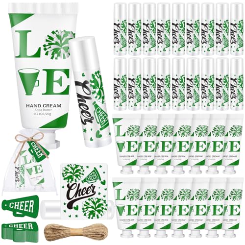 144 Pcs Cheerleading Lip Balms Hand Cream Sets Green Cheerleading Party Supplies Including 36 Lip Balm and Moisturizing Hand Cream 36 Organza Bags Cards and Ropes for Team Thank You Gifts