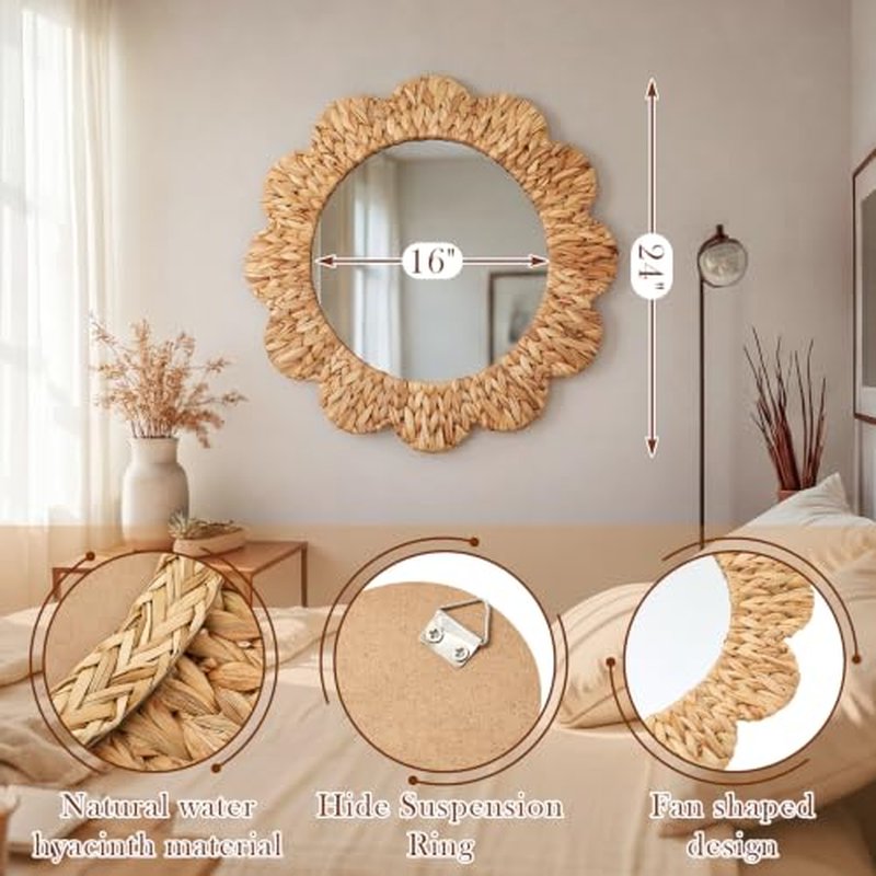 24 Inch Boho Wall Mirror Handwoven Water Hyacinth Scalloped
