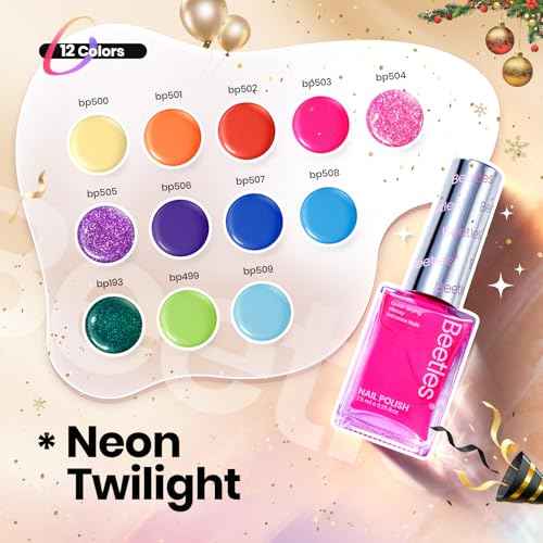 Beetles Quick Dry Neon Nail Polish Set - Glitter Rainbow Nail Polish Set 12 Colors Regular Air Dry Fingernail Polishs Pack for DIY Nail Art Salon Home Women Christmas Gift