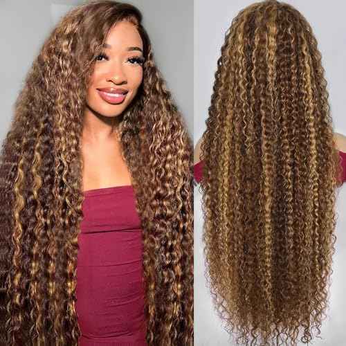 30inch Highlight Ombre Lace Front Wig Human Hair 13x6 HD Honey Blonde 4/27 Deep Wave Lace Front Wigs Human Hair 200 Density Glueless Wigs Human Hair Pre Plucked
