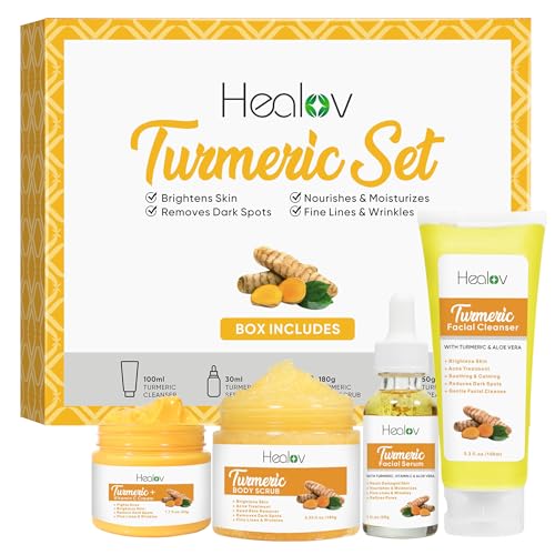 Turmeric Skincare Set ? Turmeric Face Cleanser, Body Scrub, Cream & Facial Serum ? Skin Brightening Hyperpigmentation Treatment, Dark Spot Corrector ? Skincare Kit for a Glowing Complexion