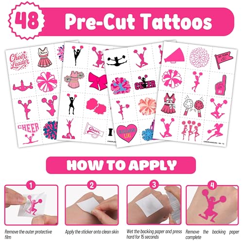 72PCS Cheerleading Party Set 48PCS Pre-cut Temporary Tattoos & 24PCS Slap Bracelets Perfect for Cheerleader Birthday Parties, Baby Showers, Classroom Rewards & Team Spirit Gifts for Girls & Boys
