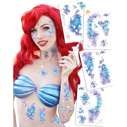 16 Sheets Halloween Mermaid Scale Temporary Tattoos,Decoracion De Sirena Para Cumplea?Os,Mermaid Temporary Tattoos for Adults Kids Costume Makeup