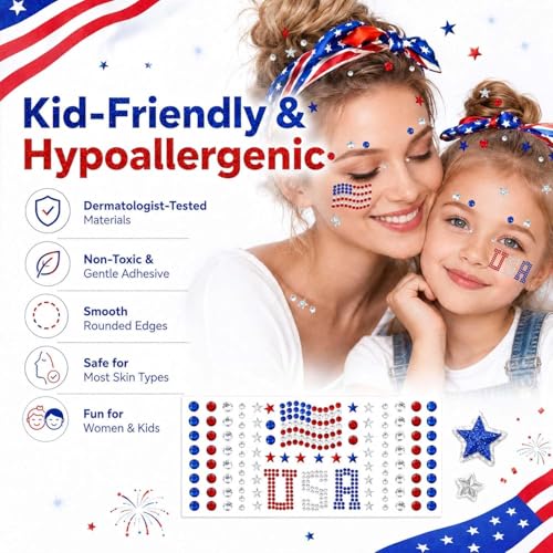 4th of July Face Gems & Glitter Freckles Tattoo Set (6+1)