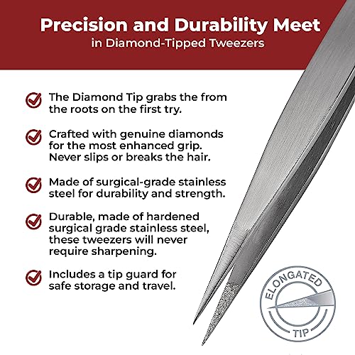 World's Best Tweezers Diamond Tip Splinter Tweezers - Diamond Coated, Professional Precision Needle Nose Pointed Tweezer for Ingrown Hair, Splinter, Ticks, and Glass Removal - Stainless Steel