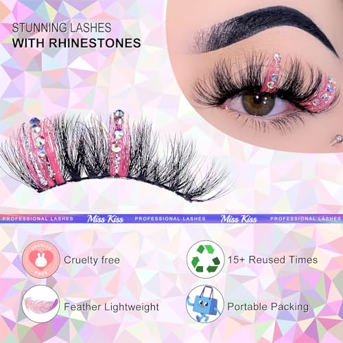 Miss Kiss Pink Rhinestone False Eyelashes 18MM Faux Mink