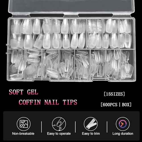 Coffin Gel Fake Nail Tips, 600PCS Medium Clear Coffin, Half Matte Soft Acrylic False Nail Tips for Press On Nails Extension Salon Home DIY Beginner,15 Sizes