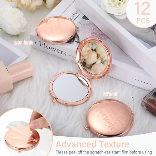 Roowest 12 Pcs Inspirational Compact Mirror Birthday Small Gifts for Mom Women Bulk Double Sided Travel Thank You for Being Awesome Makeup Magnifying Pocket Mirror for Purse(Rose Gold)
