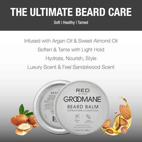 Red by Kiss Groomane Beard Balm Sandalwood, 3oz, Conditioning & Styling with Argan Oil & Sweet Almond Oil, Light Hold, Softens & Tames Facial Hair