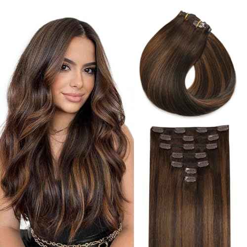 Missme Clip In Hair Extensions Real Human Hair,20in 120g 7pcs Balayage Dark Brown Mixed Chestnut Brown Invisible Straight Seamless Clip Ins Hair Extensions For Women