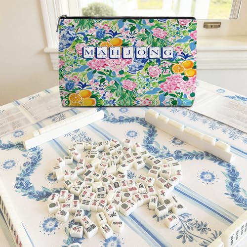 Blue Leaves Multicolor Floral Mahjong Tile Bag with Zipper - American Mahjong Case