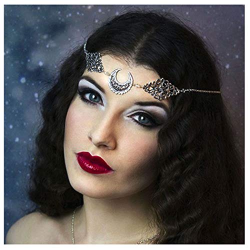 CanB Boho Moon Head chain Charm Vintage Hair Chain Festival Forehead Hair Jewelry Silver Gypsy Headpiece Hair Accessories for Women Girls (style-1)