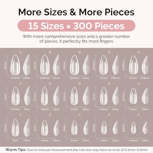 MelodySusie Medium Almond Apex Gel Nail Tips Kit - 300 Pcs, 15 Sizes