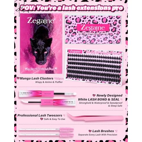 Wispy Lash Clusters Kit Manga Eyelash Clusters 12-16MM D Curly Fluff Lashes Clusters Kit Manga Cluster Eyelash Extensions Anime Individual Lashes Kit with Lash Bond&Seal Tweezers Brushes by Zegaine
