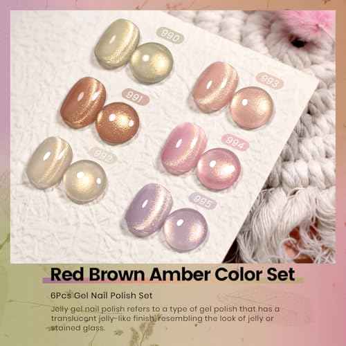 RARJSM Gold Glitter Cat Eye Gel Nail Polish Set 6Pcs Nude Pink Light Purple Brown Gray Green Velvet Ice Jelly Glitter Cateye Gel Polish with Magnetic Stick UV LED Curing Require Home Salon Nails