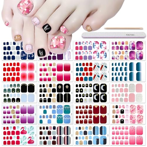 DANNEASY 20 Sheets Toe Nail Stickers Full Nail Wraps Self Adhesive Toenail Polish Strips Toes Nail Stickers Toenail Stickers Polish Manicure Sticker with Nail File, Cuticle Stick