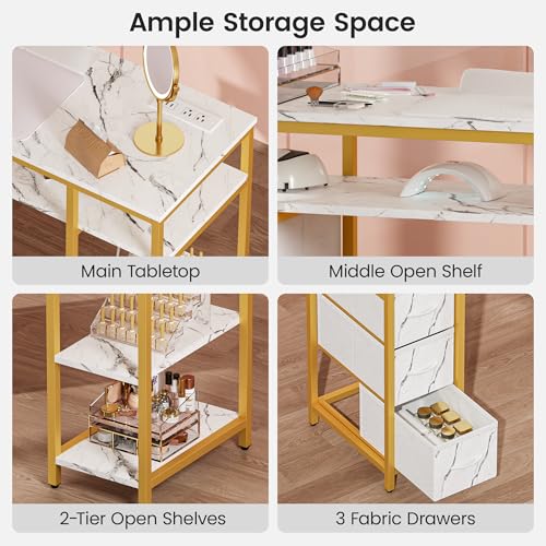 Marble Nail Desk with Storage, Power Outlet & 3 Drawers