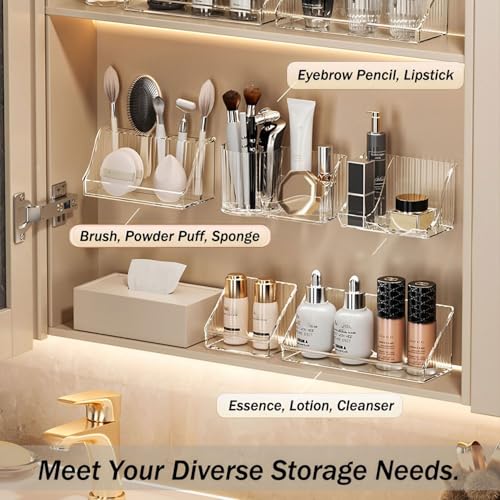 MORNITE 6 Pcs Medicine Cabinet Tray Organizer, Bathroom Vanity Toilet Cabinet Inside Shelves Storage Holder for Skincare Perfume Lipsticks Jewelry Brushes, Plastic Clear
