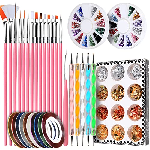 Teenitor Nail Pen Designer,Stamp Nail Art Tool with 15pcs Nail Painting Brushes, Nail Dotting Tool, Nail Foil, Manicure Tape, Color Rhinestones for Nails-Black