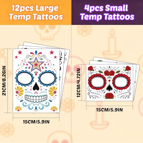 16-Pack Day of the Dead Face Tattoos | Sugar Skull Halloween