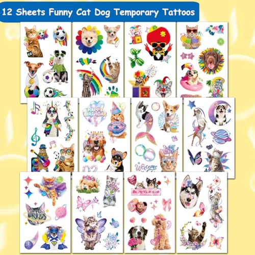 Funny Cat Dog Temporary Tattoos - 12 Sheets Cute Dog Cat Meme Tattoos for Kids Birthday Decorations Party Supplies, School Rewards Gifts Ideas for Girls Boys