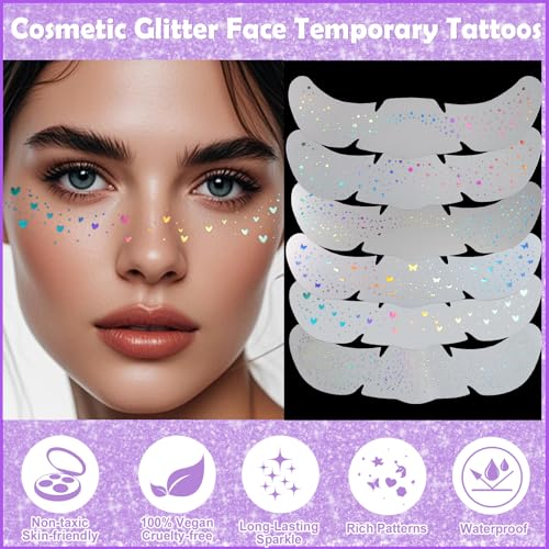 Yosca Glitter Freckles Face Tattoo - 6Pc Holographic Temporary Makeup