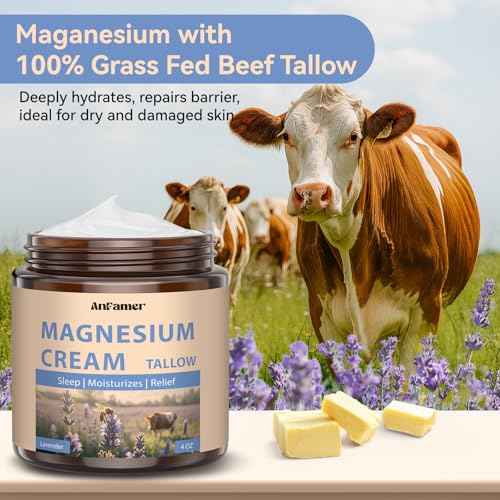 Magnesium Cream for Sleep, Tallow Based Magnesium Lotion for Pain and Leg Cramps, Muscle Relaxation, Nighttime Deep Hydration with Shea Butter Jojoba & Vitamin E for Skin Care, Safe for Kids(Lavender)