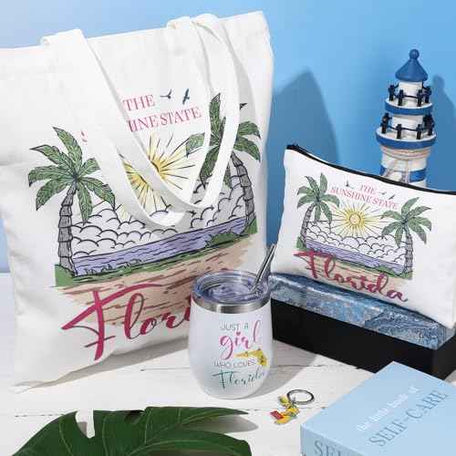 Paterr 4 Pcs City Souvenirs Gifts Texas Canvas Bag California Makeup Bag Italy 12oz Stainless Steel Tumbler with Lid Florida Keychain Travel Lover Gifts Souvenirs for Women Men (Florida)