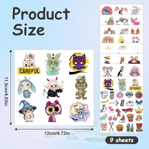 Tattoos for Adults, 9 Sheets Temporary Tattoos Stickers Set for Women and Men, Cartoon Animal Tattoos Party Supplies