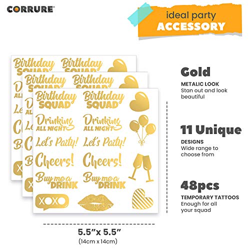 Gold Metallic Party Tattoos - 48pc Birthday Squad